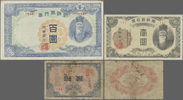 Korea: Bank of Chosen, small lot with 3 banknotes, comprising 10 Sen 1916 (P.20, VG), 1 Yen 1945 (P.38a, aUNC) and 100 Yen 1947 (P.46b, XF). (3 pcs.)...