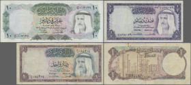Kuwait: Central Bank of Kuwait, lot with 3 banknotes, series L.1968, with ½ Dinar (P.7b, F+/VF), 1 Dinar (P.8a, F/F+, rusty spots) and 10 Dinars (P.10...