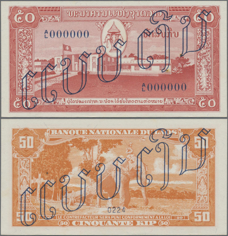 Laos: Banque Nationale du Laos, 50 Kip ND(1957) SPECIMEN, P.5s2, tiny rusty pinh...