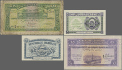 Lebanon: République Libanaise, set with 3 banknotes, 1942 series, with 5 Piastres (P.34, aUNC/UNC), 25 Piastres (P.36, VF/VF+, remnants of glue) and 5...