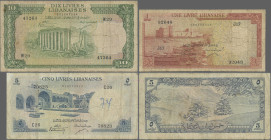 Lebanon: Banque de Syrie et du Liban, set with 3 banknotes, 1955-1961 series, with 1 Livre 1955 (P.55, F-), 5 Livres 1957 (P.56, F/F-, graffiti) and 1...