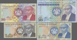 Lesotho: Central Bank of Lesotho, set with 4 banknotes 1989-1990 series, with 2, 5, 10 and 50 Maloti, P.9-11, 13 in UNC condition. (4 pcs.)
 [differe...