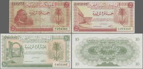 Libya: Kingdom and United Kingdom of Libya, nice set with 3 banknotes, 1950-1952 series, with 5 and 10 Piastres L.1950 (P.5, 6, UNC) and 5 Piastres 19...