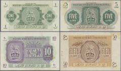 Libya: Military Authority in Tripolitania, set with 4 banknotes, series ND(1943), with 1 Lira (P.M1, aUNC), 5 Lire (P.M3, XF, larger stain), 10 Lire (...