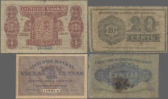 Lithuania: Lietuvos Bankas, very nice set with 5 banknotes, 1922 series, with 1 Centas (P.1, F/F-, stains), 1 Centas (P.7, aUNC/UNC), 5 Centai (P.9, V...