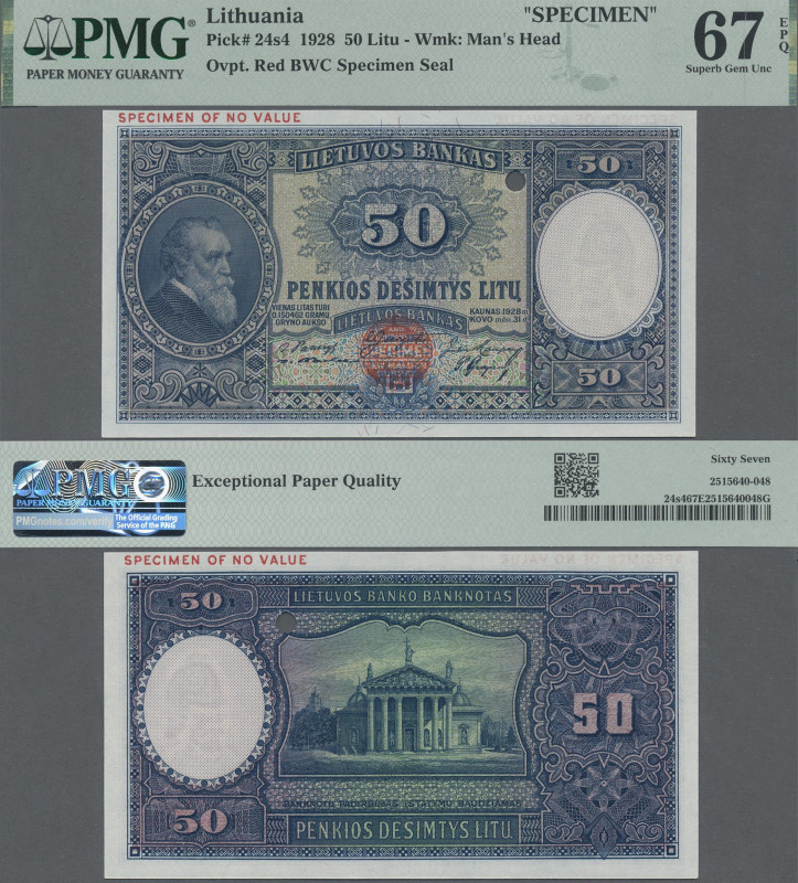 Lithuania: Lietuvos Bankas, 50 Litu 1928 SPECIMEN, P.24s4, punch hole cancellati...