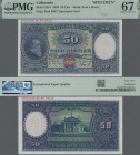 Lithuania: Lietuvos Bankas, 50 Litu 1928 SPECIMEN, P.24s4, punch hole cancellation and red overprint ”Specimen of No Value”, PMG graded 67 Superb Gem ...