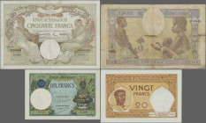 Madagascar: Banque de Madagascar, nice lot with 4 banknotes, series 1930-1942, with 10 Francs (P.36, aUNC/UNC), 20 Francs (P.37, larger rusty staple h...