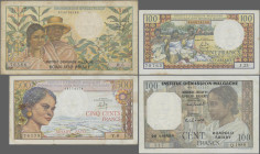 Madagascar: Institut d'Émission Malgache – Famoaham-Bolan'ny Repoblika Malagasy, lot with 5 banknotes, 1961-1966 series, with 100 Francs (P.52, VF/VF+...