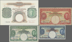 Malaya: Board of Commissioners of Currency – MALAYA, lot with 4 banknotes, 1945 series, with 1 Dollar (P.11, XF), 5 Dollars (P.12, F/F+, minor margin ...