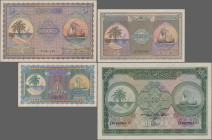 Maldives: Maldivian State – Treasury, lot with 8 banknotes, series 1947 and 1960, comprising 2x 1 Rupee (P.2a (XF), P.2b (UNC), 2 Rupees (P.3b, UNC), ...