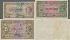 Malta: The Government of Malta, lot with 3 banknotes, 1939 series, with 2 Shillings 6 Pence (P.11, F/F-, tiny hole), 5 Shillings (P.12, VF) and 1 Poun...