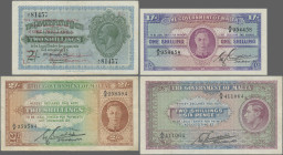 Malta: The Government of Malta, lot with 6 banknotes, 1940-1943 series, with 1 Shilling overprint on 2 Shillings (P.15, VF), 1 Shilling (P.16, aUNC/UN...