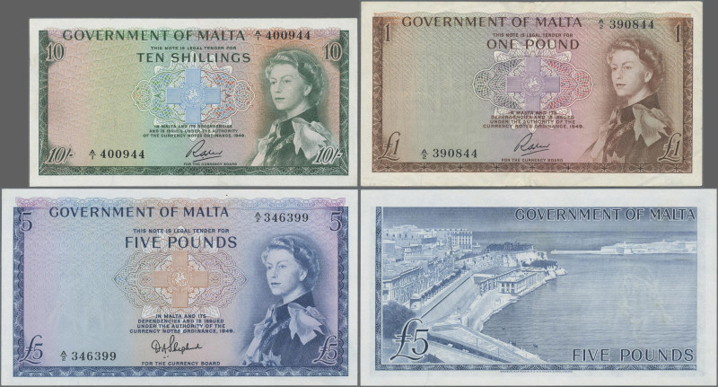 Malta: Government of Malta, lot with 3 banknotes, series L.1949 (ND 1963), with ...