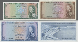 Malta: Government of Malta, lot with 3 banknotes, series L.1949 (ND 1963), with 10 Shillings (P.25, VF+/XF), 1 Pound (P.26, VF) and 5 Pounds (P.27a, X...