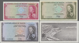 Malta: Central Bank of Malta, set with 3 banknotes, L.1967 (ND 1968) series, with 10 Shillings (P.28, VF/VF+), 1 Pound (P.29, XF) and 5 Pounds (P.30, ...