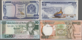 Malta: Central Bank of Malta, huge lot with 11 banknotes, series 1973-2003, with 1 and 5 Liri (P.31d (VF), P.32b (aUNC), 1, 5 and 2x 10 Liri 1979-1986...