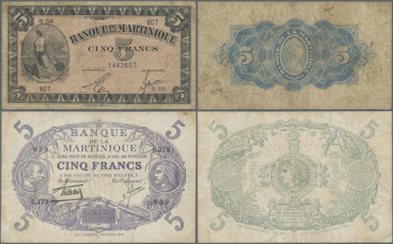 Martinique: Banque de la Martinique, pair with 5 Francs L. 1901 (ND 1934-1945) (...