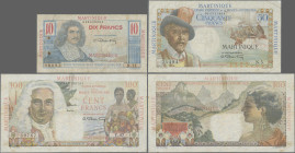 Martinique: Caisse Centrale de la France d'Outre-Mer – MARTINIQUE, set with 3 banknotes, ND(1947-52) series, with 10 Francs (P.28, F/F-, rusty staple ...