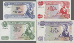 Mauritius: Bank of Mauritius, lot with 4 banknotes, 1967-1981 series, with 5 Rupees (P.30c, UNC), 10 Rupees (P.31a, aUNC), 25 Rupees (P.32a, UNC) and ...