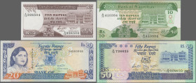 Mauritius: Bank of Mauritius, lot with 5 banknotes, series 1985/86, with 5 Rupees (P.34, UNC), 10 Rupees (P.35a, UNC), 20 Rupees (P.36, UNC), 50 Rupee...