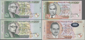Mauritius: Bank of Mauritius, lot with 5 banknotes, 2001 and 2007 series, with 100, 2x 200, 500 and 1.000 Rupees, P.56b, 57a,b, 58b, 59c in UNC condit...