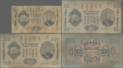 Mongolia: Peoples Republic of Mongolia, set with 3 banknotes of the 1941 series, with 5 Tugrik (P.23, VG, F-, margin split, holes and small tears), 50...