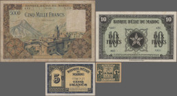 Morocco: Empire Cherifien and Banque d'État du Maroc, lot with 12 banknotes, series 1941-1953, with 10 Francs 1941 (P.17b, VG), 2x 5, 10, 50 and 100 F...