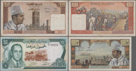 Morocco: Banque du Maroc, lot with 7 banknotes, series 1960-1985, with 5 and 10 Dirhams 1960/63 (P.53b (VF/VF+), P.54a (VF), 5 and 10 Dirhams 1970 (P....