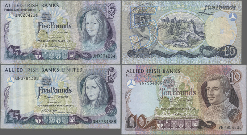 Northern Ireland: Allied Irish Bank, lot with 2x 5 Pounds and 10 Pounds, 1982-19...