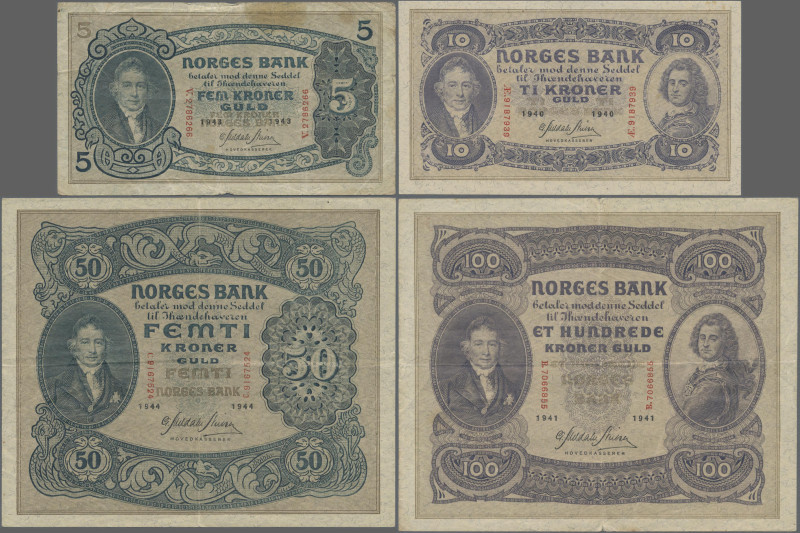 Norway: Norges Bank, lot with 4 banknotes, 1940-1944 series, with 5 Kroner 1943 ...