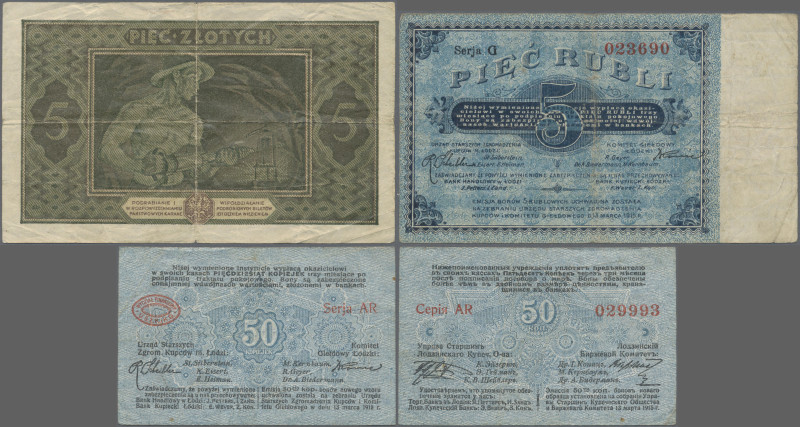 Poland: Lot with 5 Zlotych 1926 (P.49, F) and 2 pcs. Notgeld 50 Kopeks and 5 Rub...