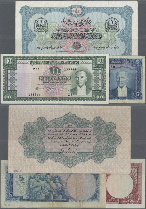 Turkey: Ottoman Empire and Turkey Natinal Bank, lot with 3 banknotes, consisting...