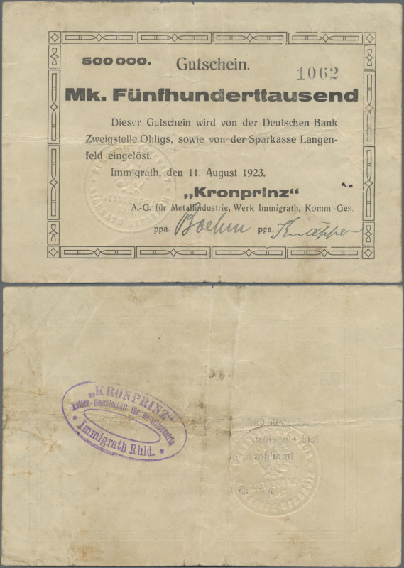 Deutschland - Notgeld - Rheinland: Immigrath, ”Kronprinz” A.-G., 500 Tsd. Mark, ...