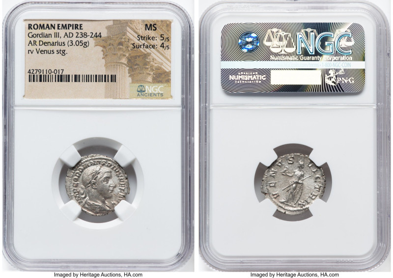 Gordian III (AD 238-244). AR denarius (20mm, 3.05 gm, 1h). NGC MS 5/5 - 4/5. Rom...