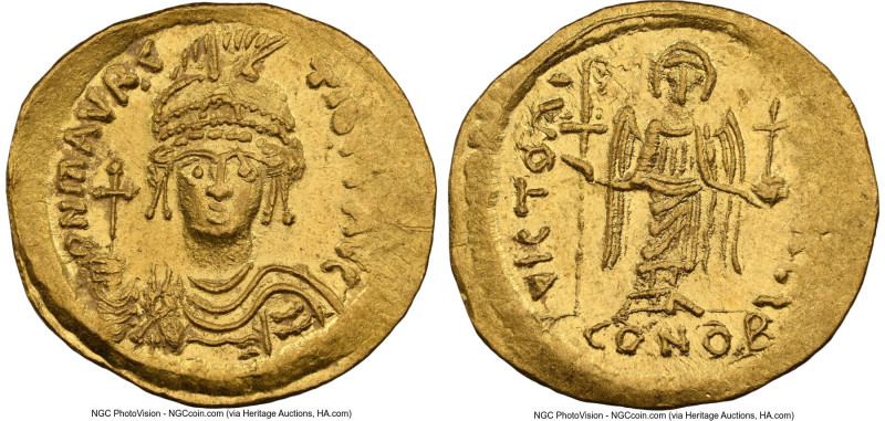 Maurice Tiberius (AD 582-602). AV solidus (21mm, 4.41 gm, 6h). NGC MS 4/5 - 4/5,...