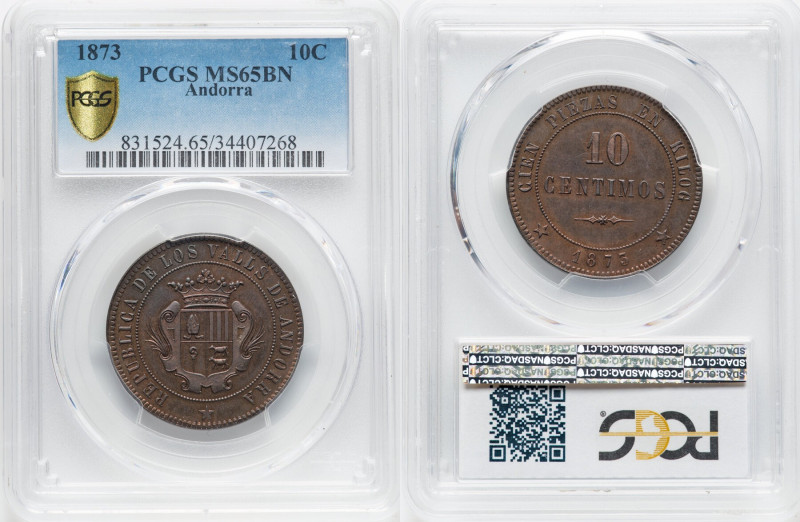 Republic copper 10 Centimos 1873 MS65 Brown PCGS, Brussels mint, KM-X2. Revoluti...