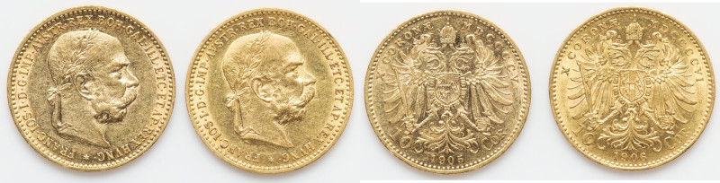 Franz Joseph I Pair of Uncertified gold 10 Corona, 1) 1905 - AU, 3.38gm 2) 1906 ...