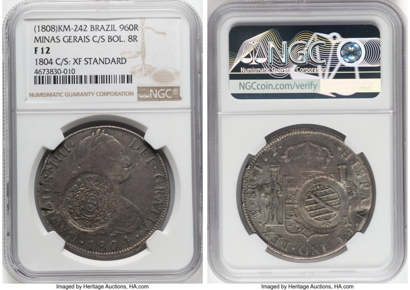 Minas Gerais. João Prince Regent Counterstamped 960 Reis ND (1808) F12 NGC, KM24...