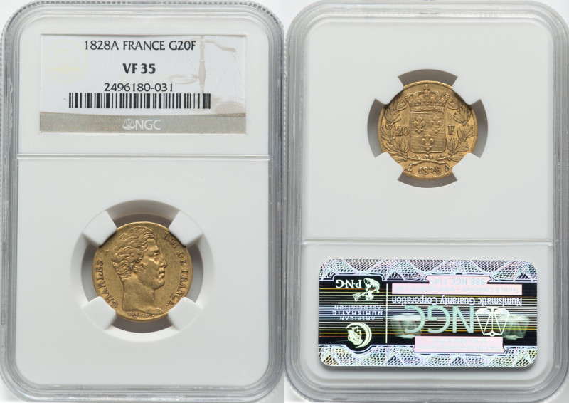 Charles X gold 20 Francs 1828-A VF35 NGC, Paris mint, KM726.1, Fr-549. HID098012...