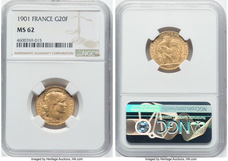 Republic gold 20 Francs 1901 MS62 NGC, Paris mint, KM847, Gad-1064. HID098012420...