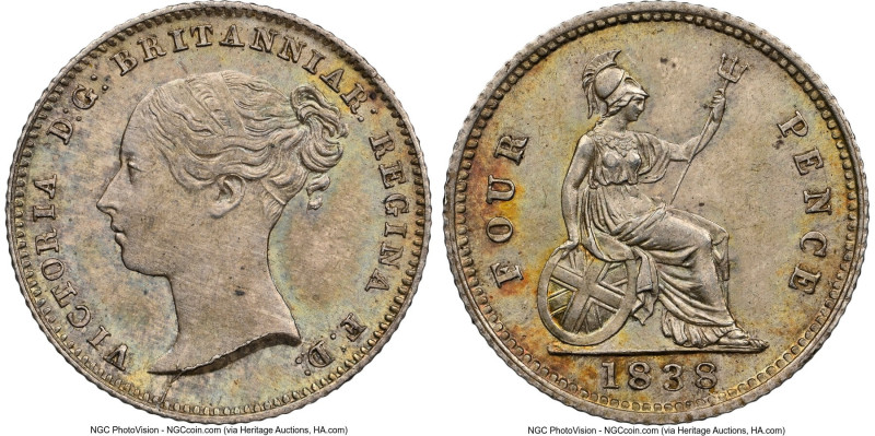 Victoria 4 Pence 1838 MS64 NGC, KM731.1. First year of type and produced for use...