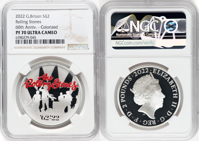 Elizabeth II silver Proof Colorized "Rolling Stones" 2 Pounds (1 oz) 2022 PR70 U...