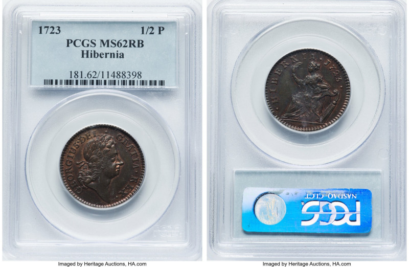 George I 1/2 Penny 1723 MS62 Red and Brown PCGS, KM117.1, S-6601. With dot befor...