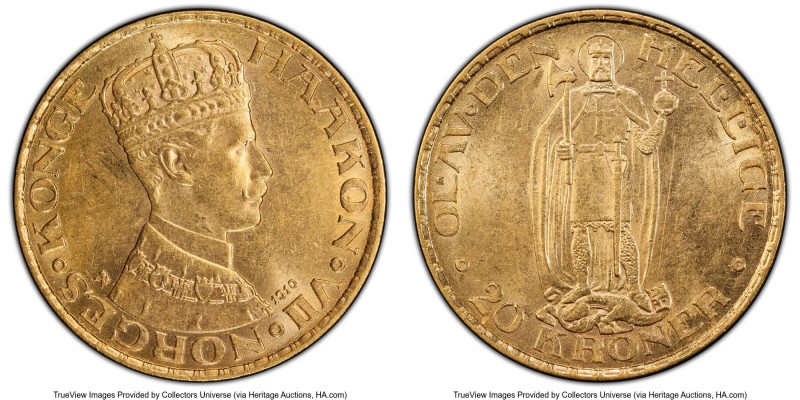 Haakon VII gold 20 Kroner 1910 MS61 PCGS, Kongsberg mint, KM376, Fr-19. One year...