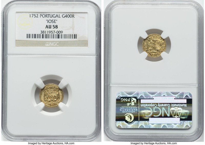 José I gold 400 Reis 1752 AU58 NGC, Lisbon mint, KM248.2, Fr-106. IOSE variety. ...