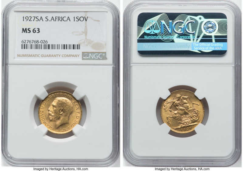 George V gold Sovereign 1927-SA MS63 NGC, Pretoria mint, KM21, S-4004. HID098012...