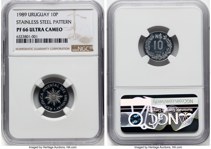 Republic stainless-steel Proof Pattern 10 Nuevos Pesos 1989-(a) PR66 Ultra Cameo...