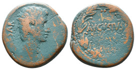 ROMAN PROVINCIAL
ASIA MINOR. Uncertain. Augustus (27 BC-AD 14). Ae. Obv: CAESAR. Bare head right. Rev: AVGVSTVS. Legend in one line within laurel wre...