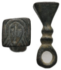 BYZANTINE BRONZE STAMP SEAL. Uncertain.
.
Condition: Near very fine. 
Weight: 4.43 g. 
Diameter: 23.6 mm.